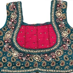 Embellished Silk Crop Top / Indian Dance Choli Blouse – Teal & Fuchsia XXS/XS